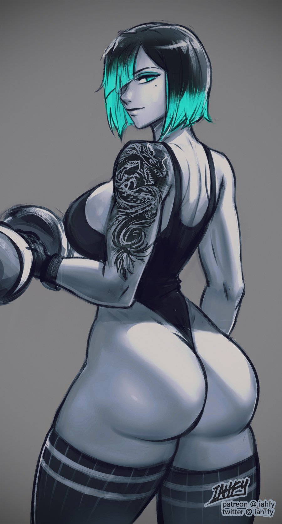 iahfy, original, commentary, highres, 1girl, arm tattoo, artist name, ass, dumbbell, gloves, green eyes, green hair, hair over one eye, holding, holding dumbbell, jade (iahfy), leotard, limited palette, looking at viewer, mole, mole under eye, patreon username, short hair, solo, tattoo, thighhighs, twitter username, watermark