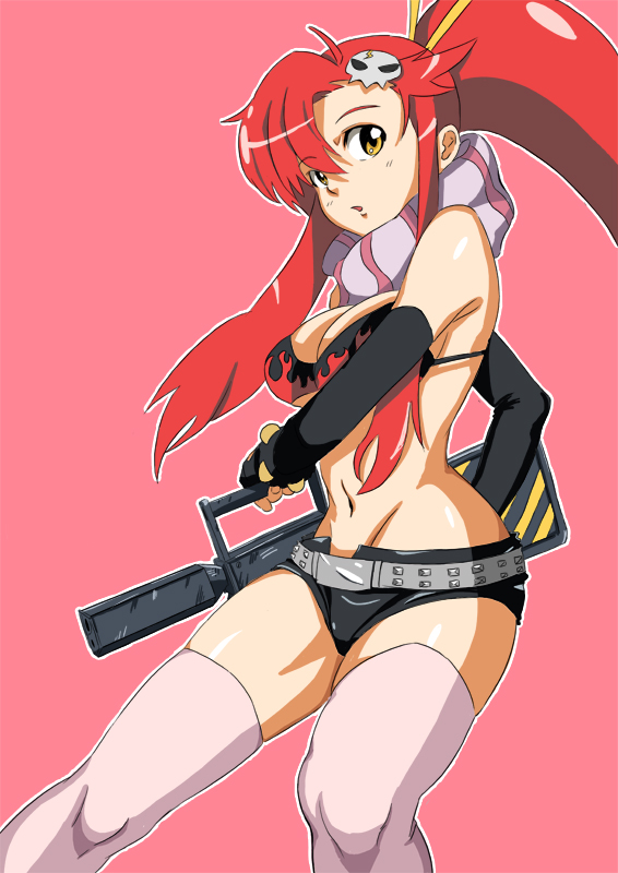atsushi jb (pixiv), attsun (atsushi jb), nishigori atsushi, yoko littner, tengen toppa gurren lagann, bad id, bad pixiv id, 00s, 1girl, belt, bikini, bikini top only, black bikini, breasts, brown eyes, chopsticks, cleavage, elbow gloves, female focus, fingerless gloves, fire, gloves, gun, hair ornament, hip focus, large breasts, long hair, navel, open mouth, pink background, pink thighhighs, ponytail, red hair, rifle, scarf, short shorts, shorts, skull, skull hair ornament, solo, striped clothes, striped scarf, studded belt, swimsuit, thighhighs, weapon, wide hips, yellow eyes, zettai ryouiki