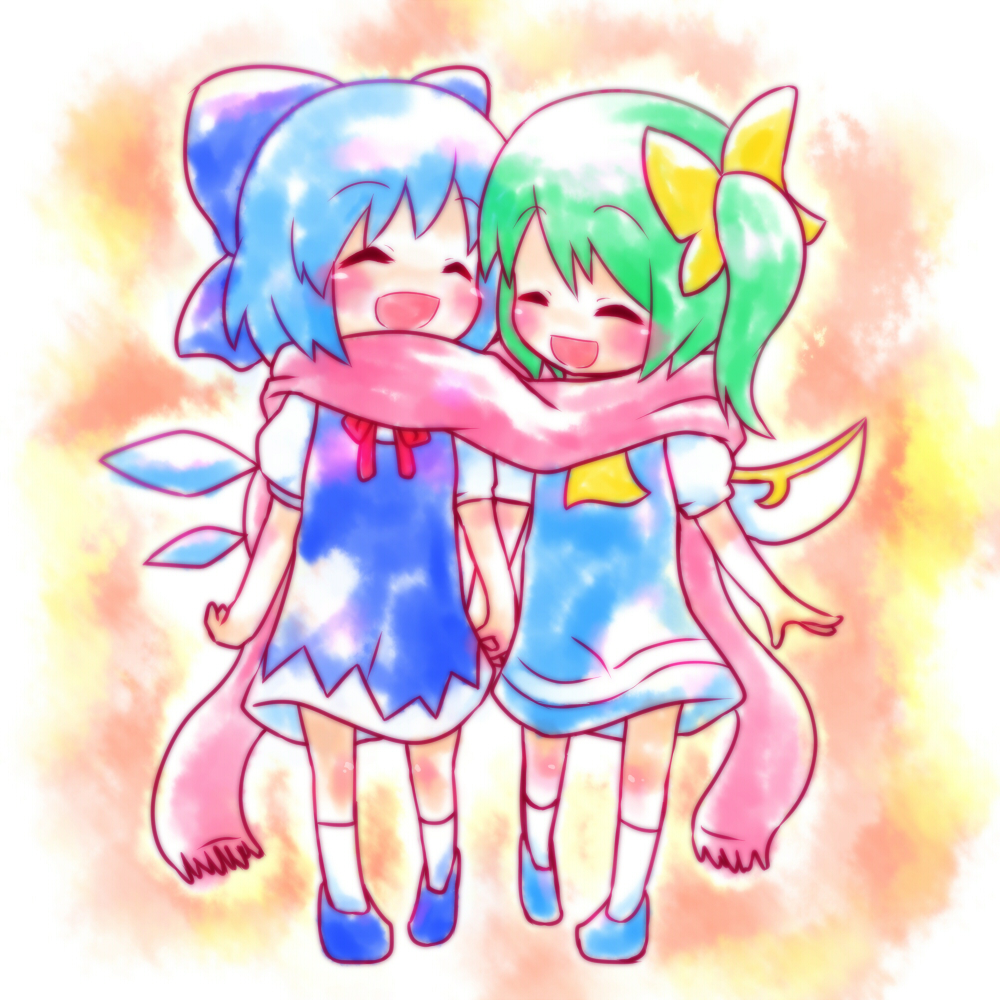 ayakashi (monkeypanch), cirno, daiyousei, embodiment of scarlet devil, touhou, 2girls, blue hair, blush, closed eyes, fairy wings, female focus, green hair, holding hands, ice, ice wings, kneehighs, multiple girls, scarf, shared clothes, shared scarf, short hair, side ponytail, smile, socks, wings