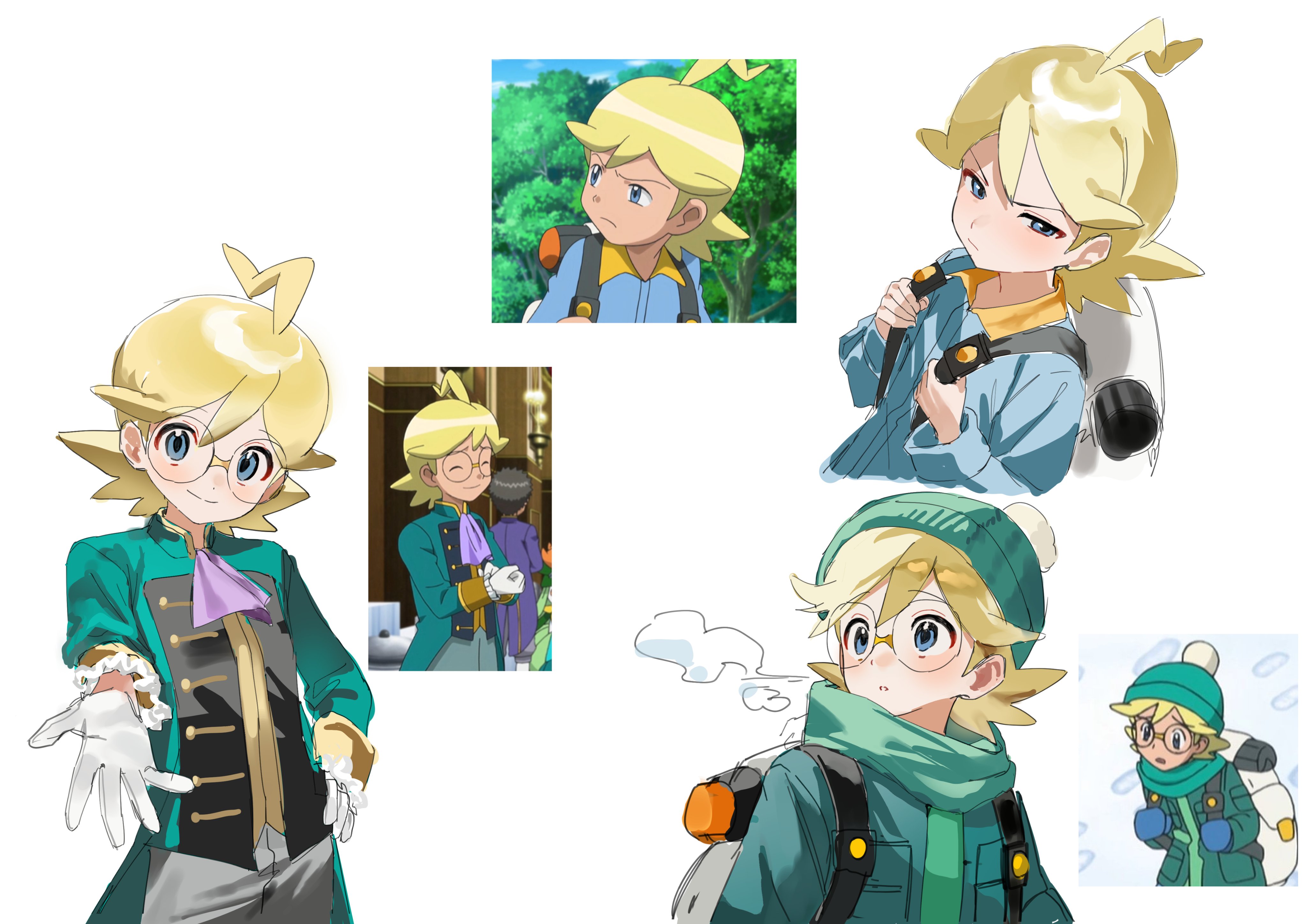 pokesudal, clemont (pokemon), nintendo, pokemon, pokemon (anime), pokemon xy (anime), absurdres, commentary request, highres, korean commentary, 1boy, ahoge, backpack, bag, beanie, blonde hair, blue eyes, blush, breath, closed mouth, glasses, gloves, green hat, green jacket, green scarf, hat, holding strap, jacket, male focus, medium hair, multiple views, reference inset, round eyewear, scarf, smile, white background