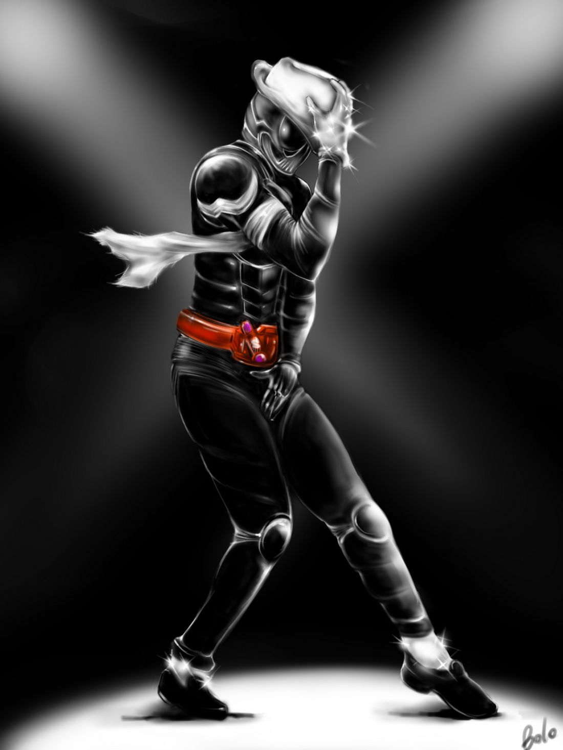 bolo, kamen rider skull, michael jackson, kamen rider, kamen rider w, highres, 1boy, belt, dancing, fedora, full body, gradient background, hat, male focus, monochrome, parody, solo, spot color