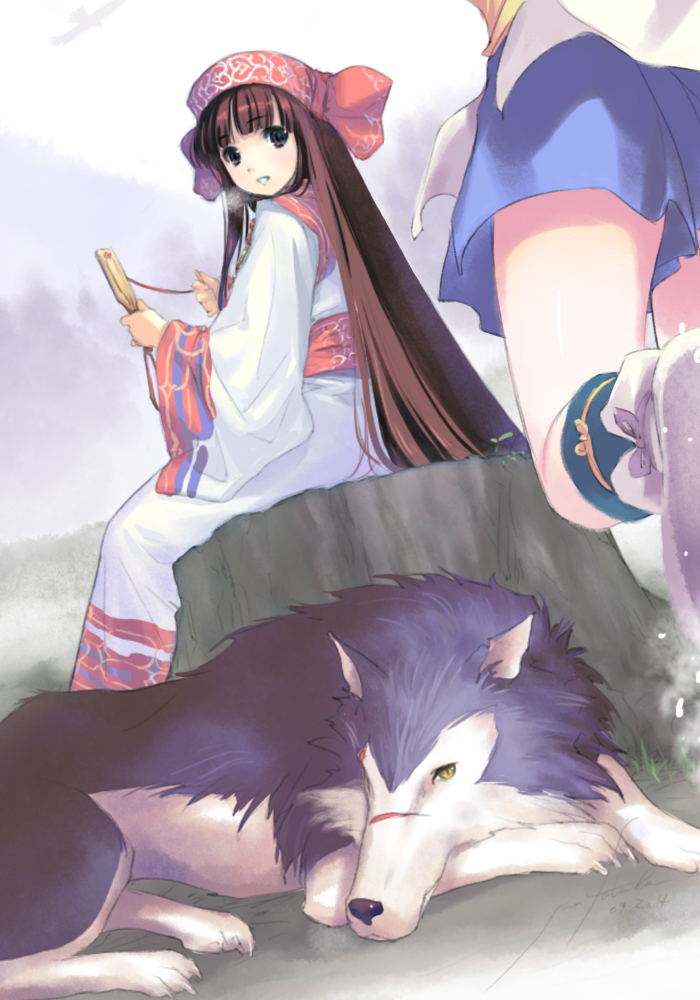 futaba jun, mamahaha, nakoruru, rimururu, shikuru, samurai spirits, snk, 2girls, blue shorts, bow, brown eyes, brown hair, headband, long hair, multiple girls, red bow, scar, shorts, siblings, sisters, sitting, very long hair, wolf