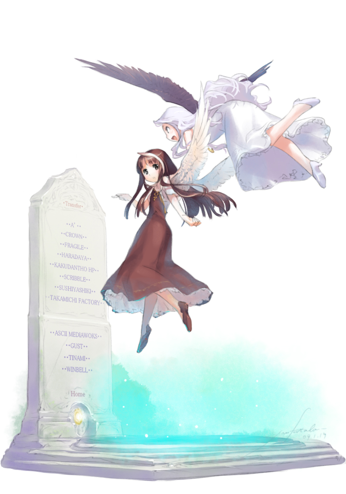 futaba jun, original, brown hair, flying, long hair, white hair, wings