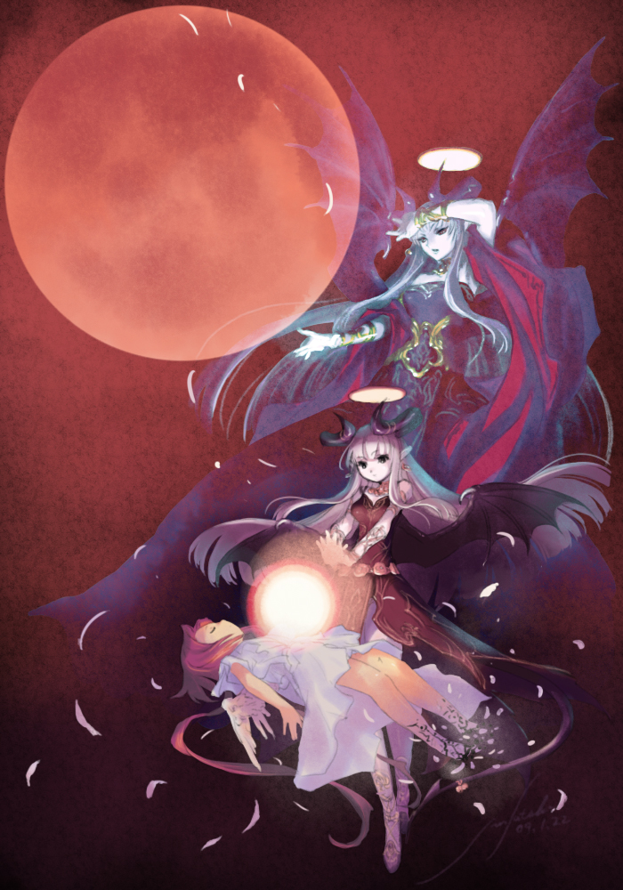 futaba jun, original, 3girls, bat wings, demon girl, demon tail, full moon, horns, long hair, moon, multiple girls, pointy ears, red moon, tail, wings