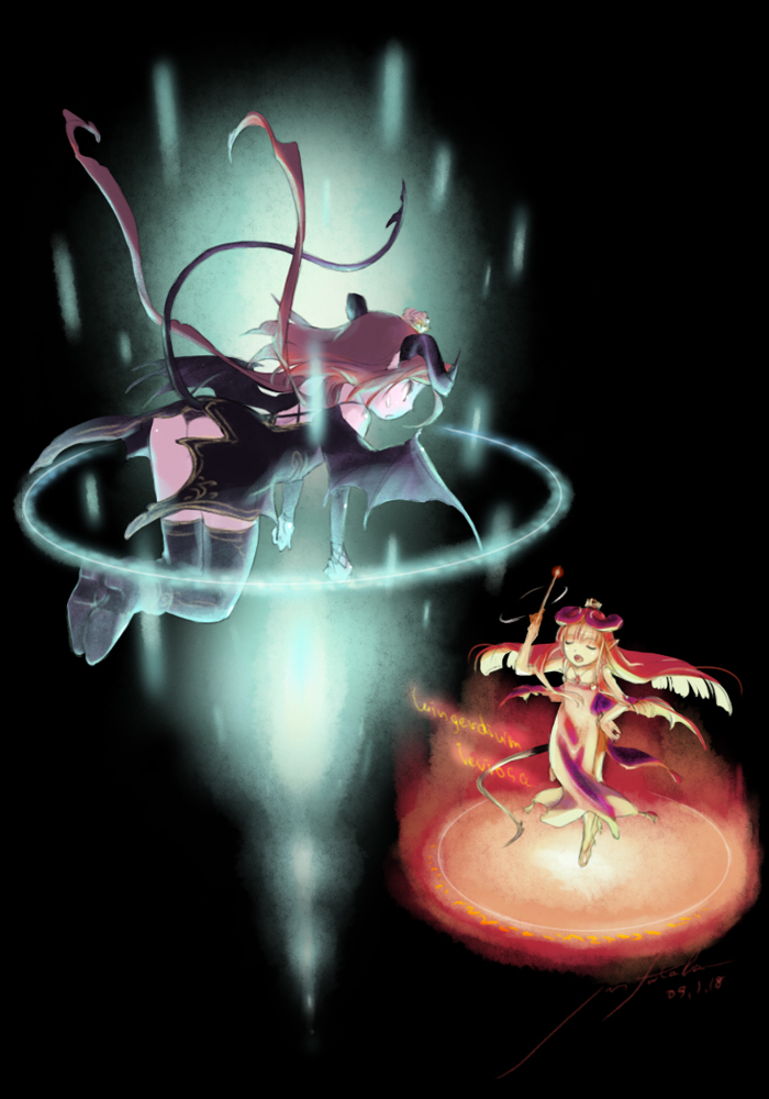 futaba jun, original, bat wings, book, boots, crown, demon girl, demon tail, horns, long hair, open book, pointy ears, reading, red hair, tail, thigh boots, thighhighs, wings