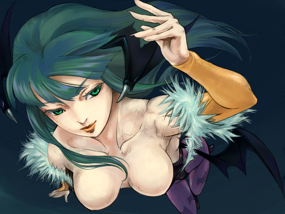 kushizukino ayame, morrigan aensland, capcom, darkstalkers, 1girl, animal print, bare shoulders, bat print, bat wings, breasts, demon girl, female focus, green eyes, green hair, head wings, long hair, matching hair/eyes, medium breasts, pantyhose, print pantyhose, solo, wings