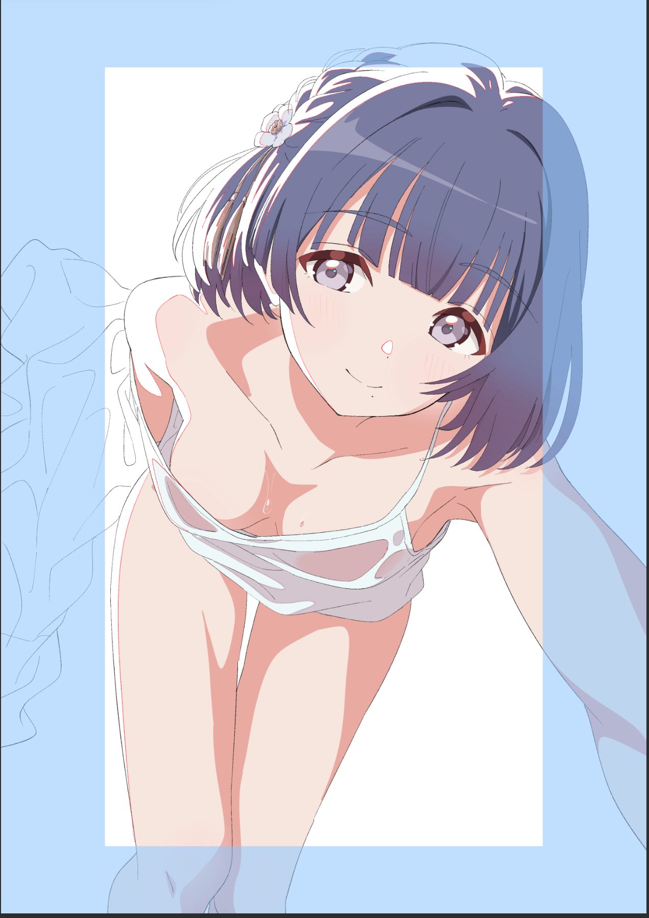 papiyon1297, hataya misuzu, gakuen idolmaster, idolmaster, commentary request, highres, 1girl, bare legs, braid, breasts, camisole, flower, grey eyes, hair flower, hair ornament, looking at viewer, purple hair, short hair, small breasts, smile, solo, sweat, thigh gap, thighs