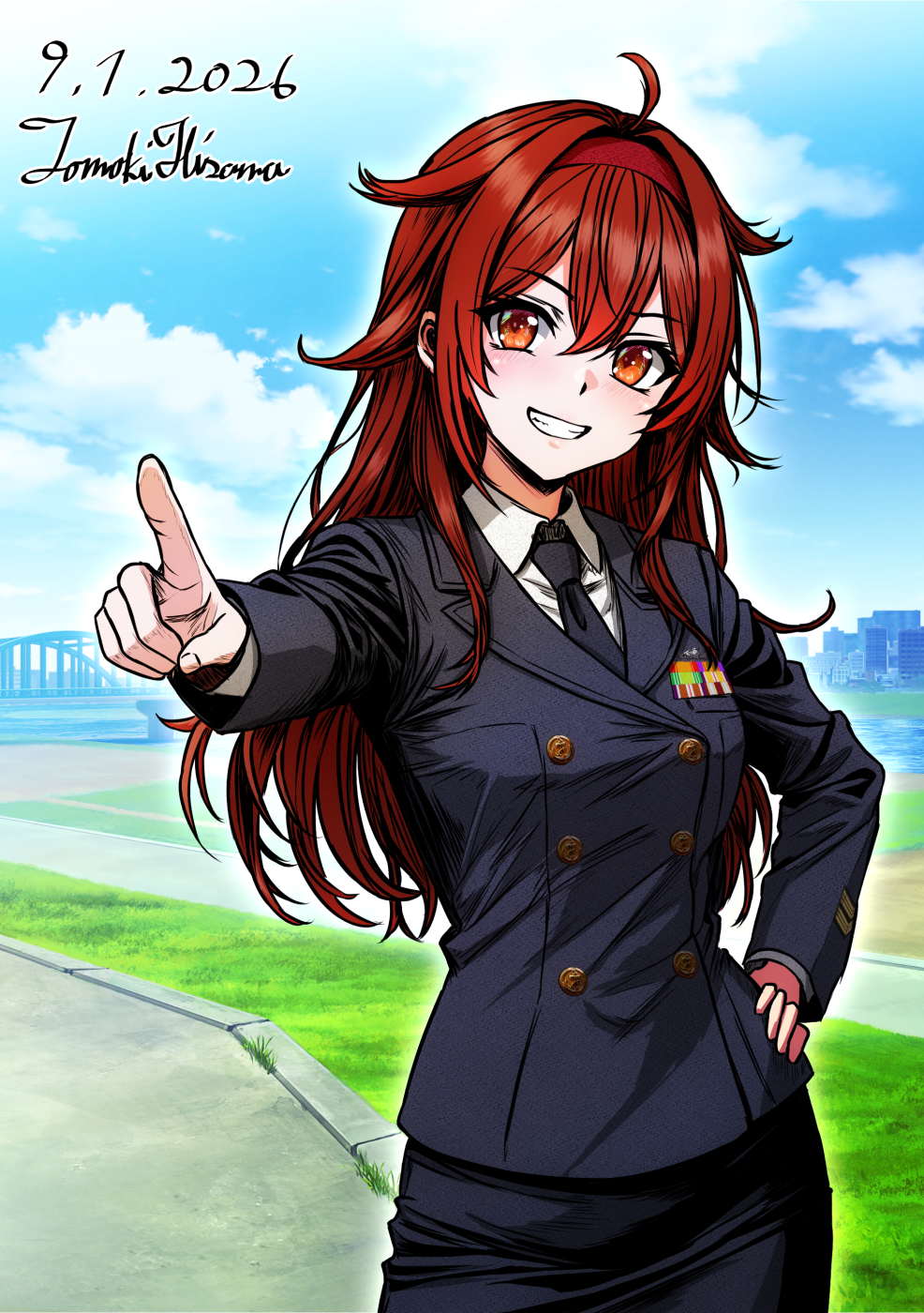 hisama tomoki, shiratsuyu (kancolle), shiratsuyu kai ni (kancolle), japan maritime self-defense force, japan self-defense force, kantai collection, commentary request, highres, 1girl, ahoge, alternate costume, artist name, black jacket, black necktie, black skirt, brown eyes, buttons, collared shirt, dated, double-breasted, grin, hair flaps, hairband, hand on own hip, jacket, long hair, long sleeves, looking at viewer, military, military dress uniform, military rank insignia, military uniform, naval dress uniform, naval uniform, necktie, one-hour drawing challenge, pointing, pointing at viewer, red hairband, ribbon bar, shirt, skirt, smile, solo, white shirt