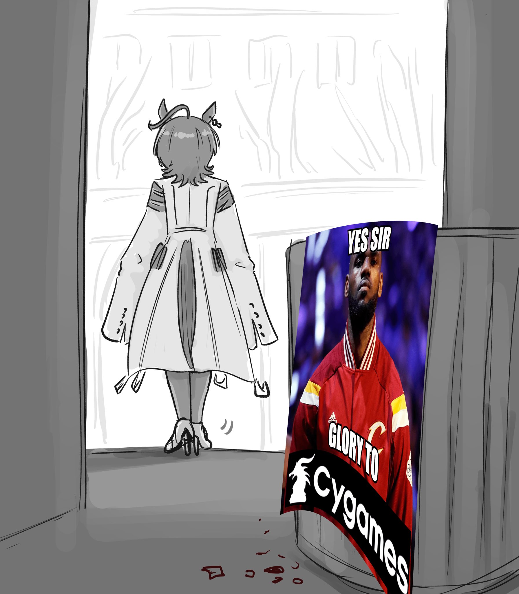 johnholl0w, agnes tachyon (tach-nology) (umamusume), agnes tachyon (umamusume), lebron james, cygames, marvel, spider-man (series), spider-man 2 (2004), umamusume, commentary, english commentary, highres, 1girl, ahoge, animal ears, earrings, from behind, horse ears, horse girl, horse tail, jewelry, lab coat, meme, parody, partially colored, single earring, sketch, sleeves past fingers, sleeves past wrists, solo, tail, trash can, walking away, wolf cut