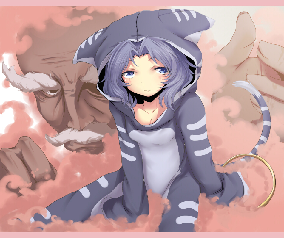 nejime, kumoi ichirin, unzan, touhou, bad id, bad pixiv id, 1girl, animal costume, animal ears, animal hood, animal print, blue eyes, blue hair, bracelet, cat hood, cloud, hood, jewelry, pajamas, ring, short hair, tail, tiger costume, tiger print