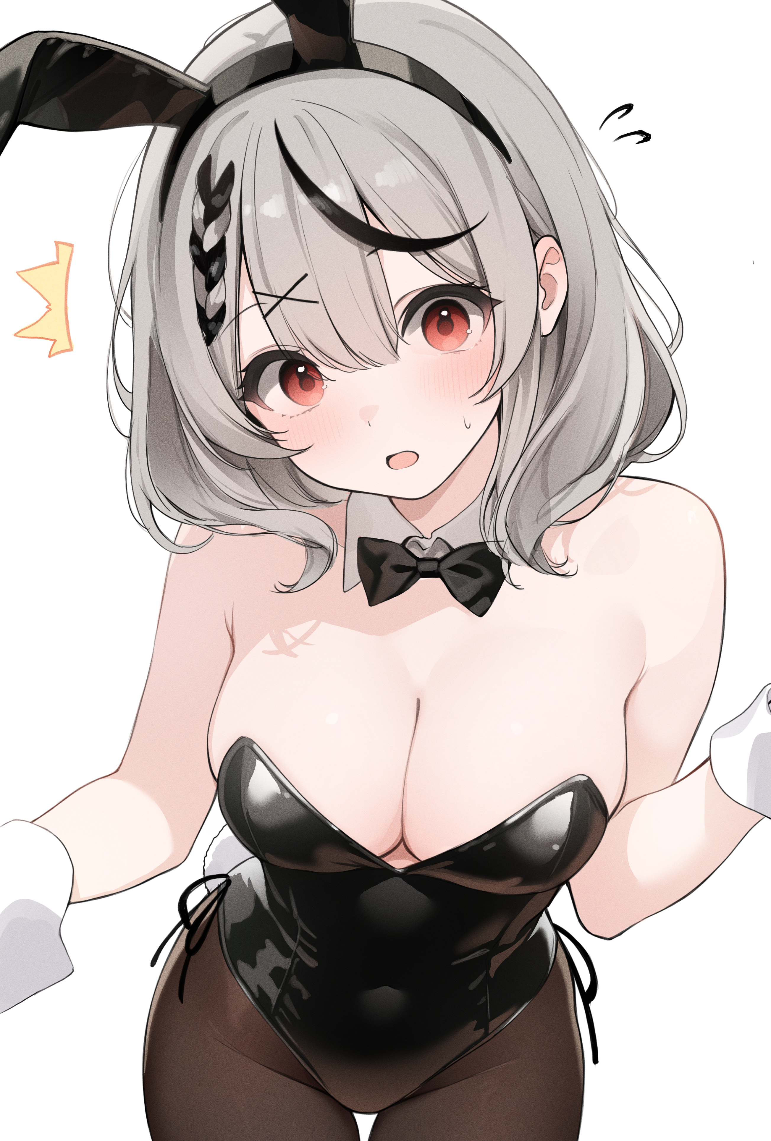 nyashira, sakamata chloe, hololive, absurdres, commentary, highres, 1girl, alternate costume, animal ear hairband, animal ears, bare shoulders, black bow, black bowtie, black leotard, black pantyhose, black streaks, bow, bowtie, braid, braided bangs, breasts, center-flap bangs, cleavage, covered navel, cowboy shot, detached collar, double-parted bangs, fake animal ears, fake tail, flying sweatdrops, grey hair, hair ornament, hairband, hairclip, highleg, highleg leotard, large breasts, leotard, looking at viewer, medium hair, open mouth, pantyhose, playboy bunny, rabbit ear hairband, rabbit ears, rabbit tail, red eyes, side-tie leotard, simple background, solo, strapless, strapless leotard, tail, virtual youtuber, wavy hair, white background, white wrist cuffs, wrist cuffs, x hair ornament