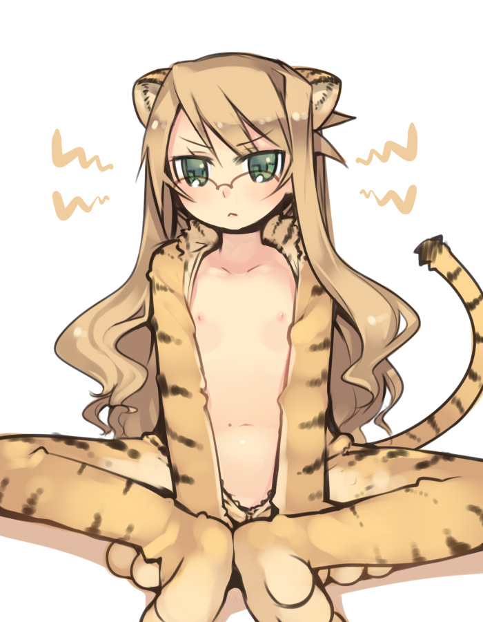 kashiwamochi yomogi, arima senka, original, 1girl, :<, animal costume, animal ears, animal print, blonde hair, female focus, flat chest, glasses, green eyes, loli, long hair, open clothes, sitting, solo, tiger costume, tiger ears, tiger print
