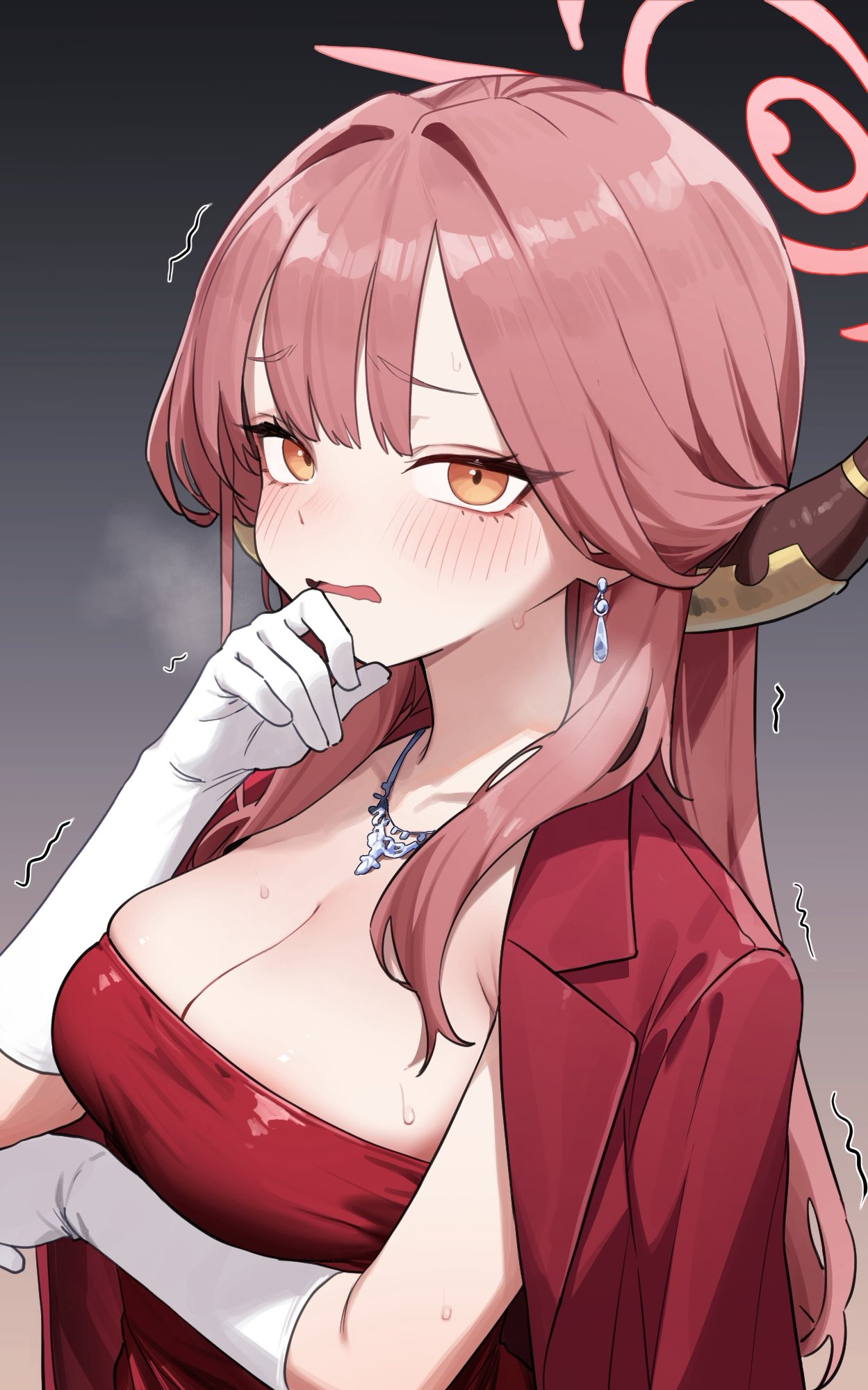 heoningu, aru (blue archive), aru (dress) (blue archive), blue archive, hashtag-only commentary, highres, 1girl, blush, breasts, dress, earrings, elbow gloves, gloves, gradient background, halo, horns, jewelry, large breasts, long hair, looking at viewer, open mouth, pink hair, pink halo, red dress, solo, white gloves