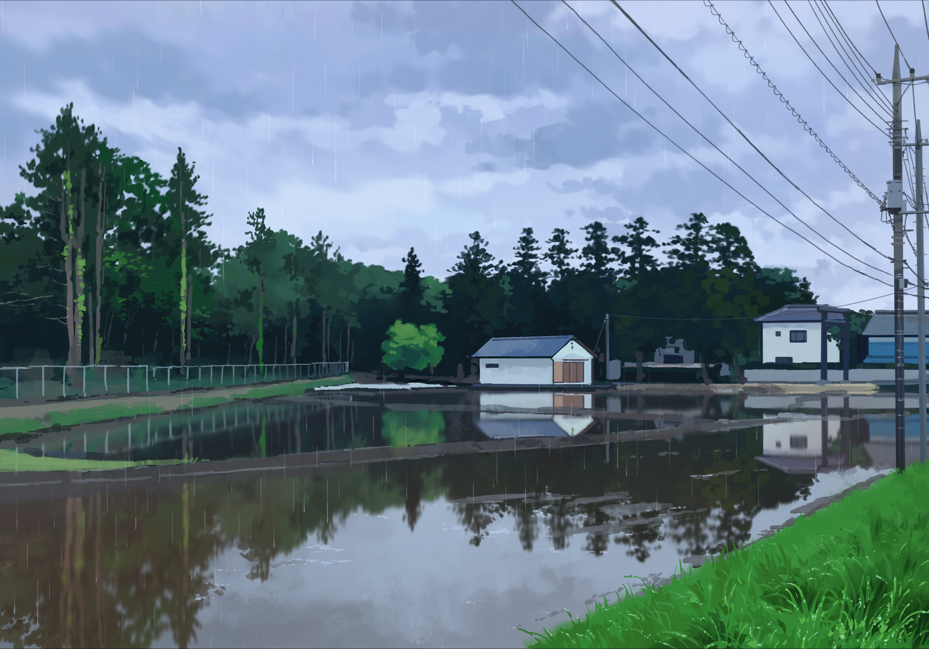karasu (hageabura-jr), original, commentary, highres, building, day, fence, grass, grey sky, no humans, outdoors, overcast, pond, power lines, rain, reflection, reflective liquid, rural, scenery, sky, torii, transformer, tree, utility pole, water