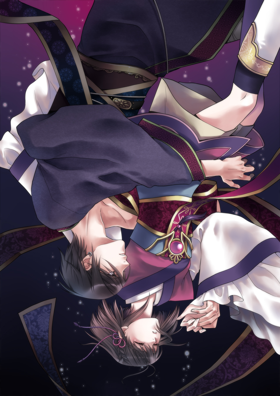 satsuki yuu (awairo), traditional clothes, highres, 1boy, 1girl, couple, earrings, hair ribbon, hetero, holding hands, jewelry, ribbon, short hair