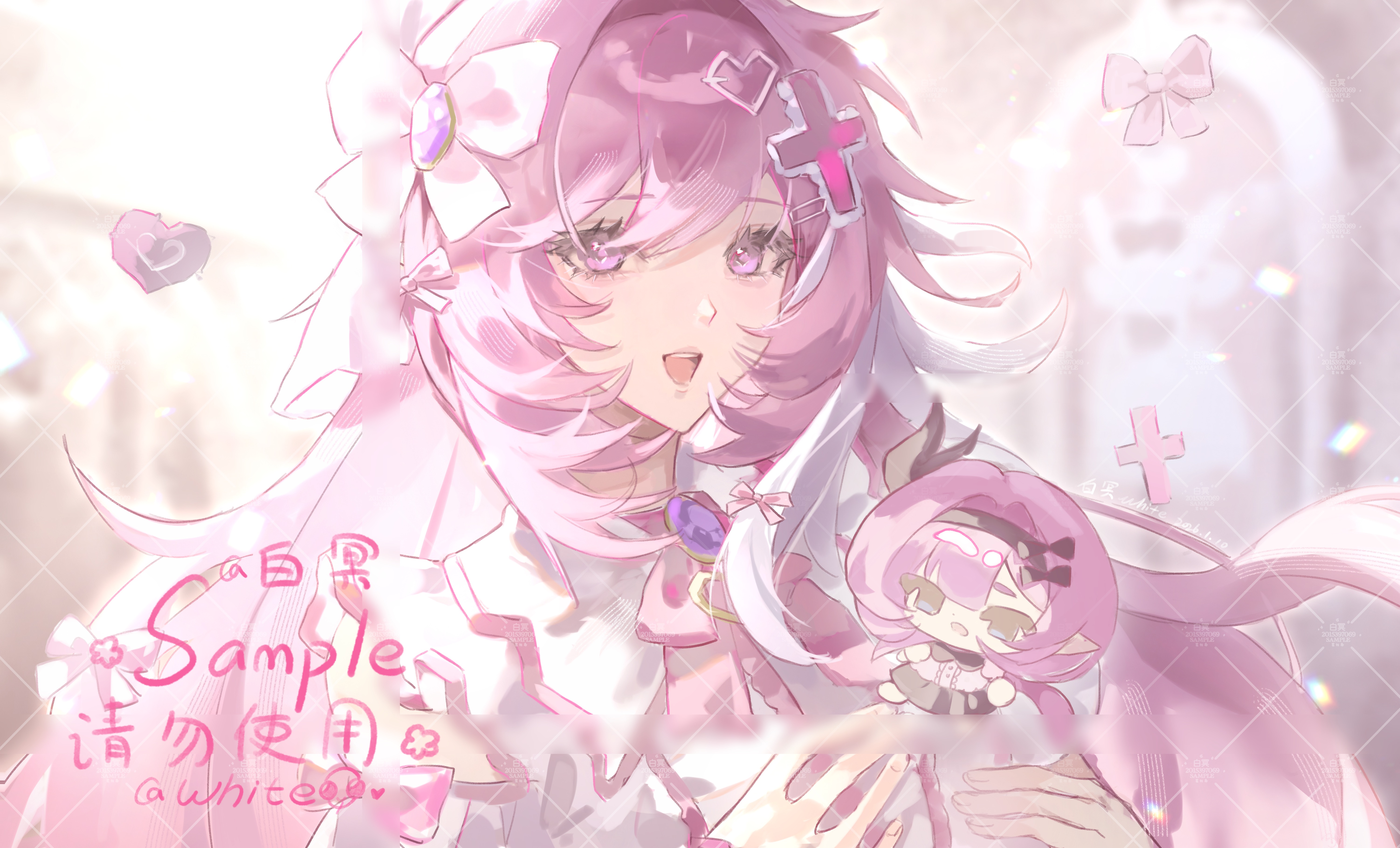 fense caomei niuru xiao bing (kan wo zhiding), elysia (herrscher of human: ego) (honkai impact), elysia (honkai impact), honkai (series), honkai impact 3rd, absurdres, chinese commentary, commentary request, highres, 1girl, character doll, cross hair ornament, doll, dress, flower, hair flower, hair ornament, long hair, looking at viewer, multicolored hair, open mouth, pink hair, purple eyes, ribbon, smile, solo, two-tone hair, upper body, very long hair, white hair