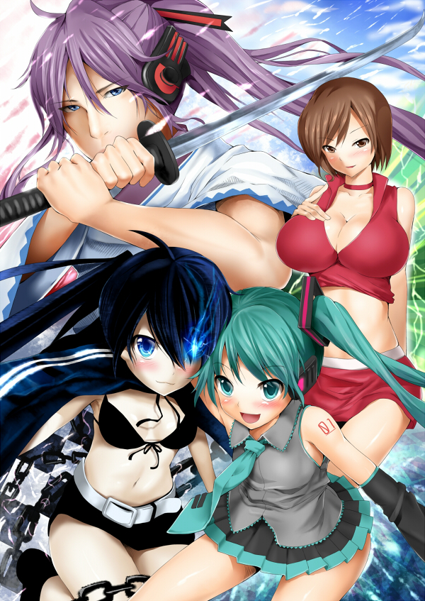 blastbeat, black rock shooter (character), hatsune miku, kamui gakupo, meiko (vocaloid), black rock shooter, vocaloid, 10s, 4girls, aqua eyes, aqua hair, belt, bikini, bikini top only, black hair, blue eyes, blush, breasts, brown eyes, brown hair, chain, cleavage, coat, detached sleeves, glowing, glowing eye, headphones, large breasts, long hair, looking at viewer, midriff, multiple girls, navel, necktie, open mouth, pleated skirt, ponytail, purple hair, short hair, short shorts, shorts, skirt, swimsuit, sword, twintails, weapon