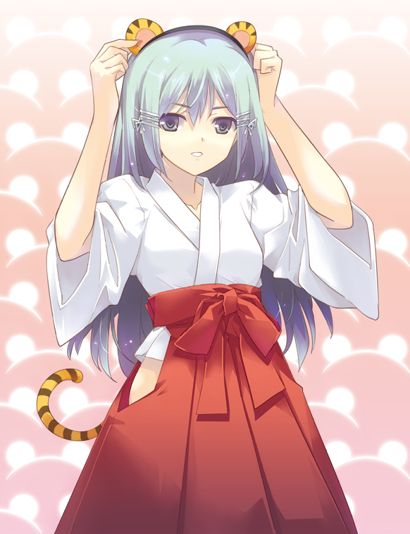 dasoku sentarou, animal ears, japanese clothes, miko, solo, tail, tiger ears, tiger tail