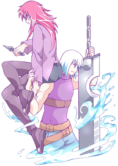 kuramiya, hoozuki suigetsu, karin (naruto), naruto (series), naruto shippuuden, 1boy, 1girl, blouse, crossed legs, from side, glasses, greatsword, huge weapon, hydrokinesis, kubikirihouchou, kunai, red hair, shirt, simple background, sitting, sleeveless, sleeveless shirt, sword, thighhighs, water, weapon, white background, white hair, zanbatou