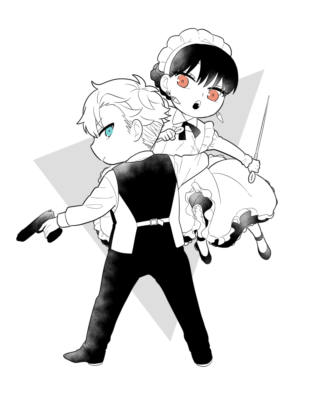 sunbo zatta, twilight (spy x family), yor briar, spy x family, commentary request, highres, 1boy, 1girl, :o, apron, blue eyes, butler, closed mouth, collared dress, dagger, deformed, dress, dress shoes, earrings, formal clothes, frilled apron, frills, full body, greyscale, gun, handgun, holding, holding dagger, holding gun, holding knife, holding weapon, jacket, jewelry, knife, lifting person, long dress, long sleeves, looking back, maid, maid apron, maid headdress, monochrome, neck ribbon, open mouth, pants, pantyhose, red eyes, ribbon, shoes, short hair, sideways glance, spot color, standing, suit, trigger discipline, very short hair, weapon