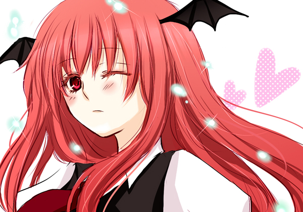 sui (camellia), koakuma, embodiment of scarlet devil, touhou, 1girl, demon girl, female focus, head wings, heart, one eye closed, red eyes, red hair, simple background, solo, wings, wink