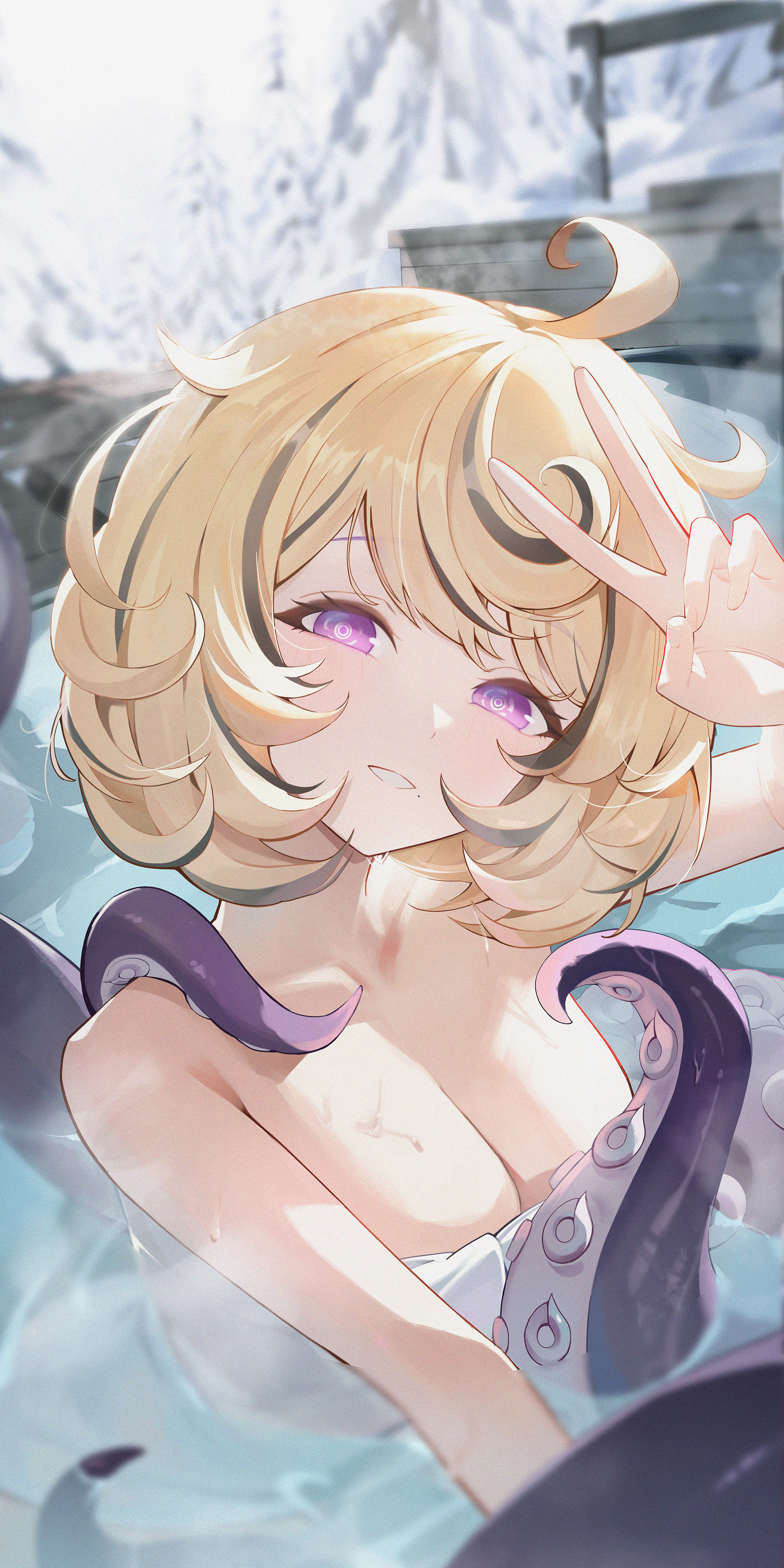 kurimui2, yidhari murphy, zenless zone zero, absurdres, commentary request, highres, 1girl, blonde hair, blurry, blurry background, blurry foreground, blush, breasts, collarbone, cowlick, in water, large breasts, looking at viewer, mole, mole under mouth, naked towel, onsen, parted lips, purple eyes, short hair, snow, solo, steam, suction cups, tentacle girl, tentacle tail, tentacles, towel, tree, v, v over head, water, wet