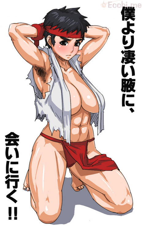 usatarou, ryu (street fighter), capcom, street fighter, gender request, 1girl, abs, armpit hair, armpits, bandana, black eyes, black hair, blush, breasts, female focus, fundoshi, genderswap, huge breasts, japanese clothes, muscular, open clothes, short hair, solo, torn clothes