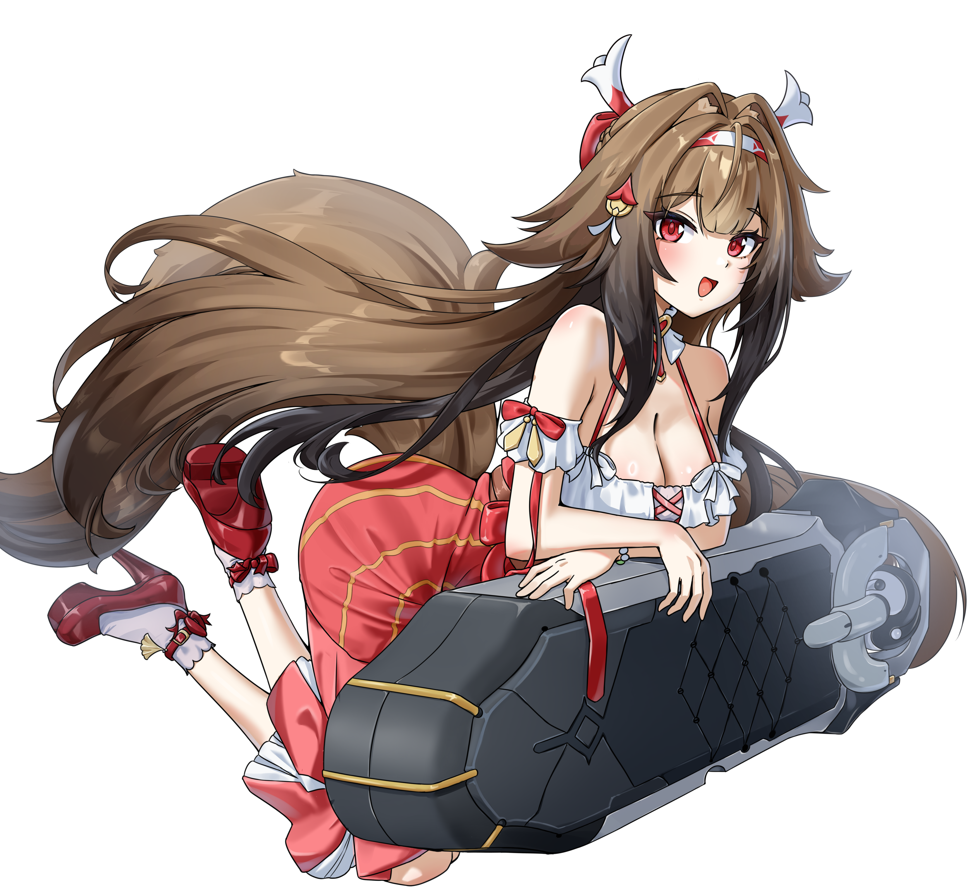 zancrowkami, ye shunguang, ye shunguang (touch of dawnlight), zenless zone zero, absurdres, commentary, english commentary, highres, 1girl, animal ear fluff, animal ears, arched back, armband, bare shoulders, bracelet, breasts, brown hair, brown tail, cleavage, collar, cross-laced clothes, cross-laced top, droopy ears, frilled armband, frilled collar, frilled shirt, frills, from side, full body, hairband, high-waist skirt, jewelry, large breasts, leaning on object, long hair, long skirt, looking at viewer, multicolored hairband, official alternate costume, open mouth, red background, red eyes, red shoes, red skirt, sheath, shirt, shoes, simple background, skirt, socks, solo, tail, very long hair, white armband, white background, white hairband, white shirt, white socks