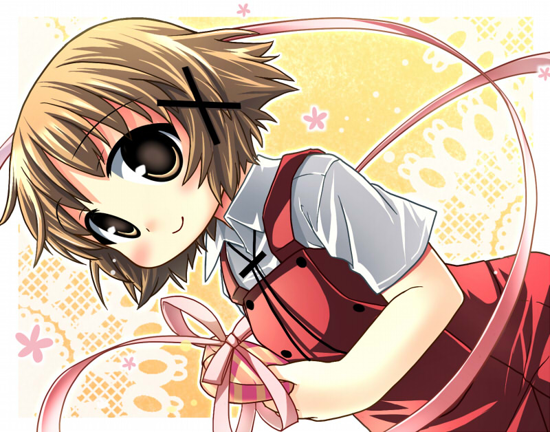nagayama yuunon, yuno (hidamari sketch), hidamari sketch, 00s, 1girl, blush, brown eyes, brown hair, closed mouth, dutch angle, female focus, gift, heart, holding, holding gift, looking at viewer, ribbon, school uniform, short hair, smile, solo, valentine, yamabuki high school uniform