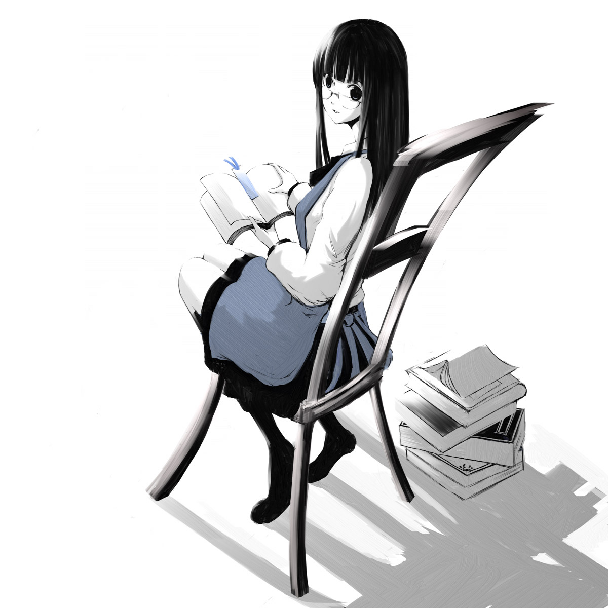 emukami, bad id, bad pixiv id, highres, 1girl, black eyes, black hair, book, female focus, full body, glasses, long hair, pale color, school uniform, sitting, solo, white background