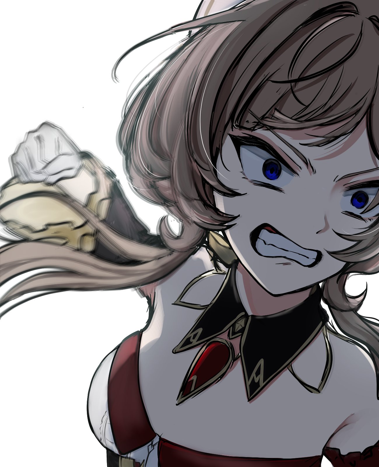 sandrone (genshin impact), genshin impact, commentary request, highres, 1girl, bare shoulders, blue eyes, brooch, clenched teeth, detached collar, detached sleeves, gloves, grey hair, heiwaninetaina, incoming attack, incoming punch, jewelry, long hair, punching, solo, strapless, teeth, upper body, white gloves