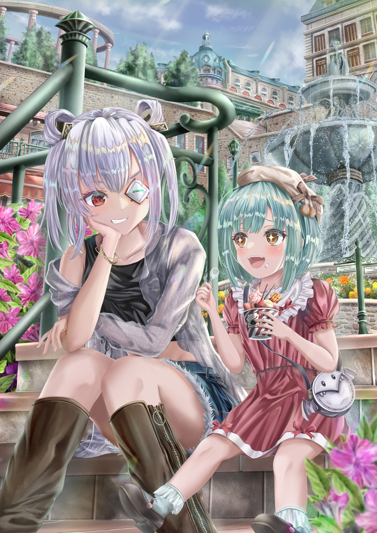 kuroe maruru, bungo yayoi, yamawaki bon ivar, heaven burns red, commentary request, highres, + +, 2girls, :d, alternate costume, beret, black shirt, blue hair, blue sky, blunt bangs, blush, bob cut, boots, brown boots, brown eyes, brown hat, casual, city, convenient leg, cutoffs, day, denim, denim shorts, dress, dual wielding, eyelashes, eyepatch, feet out of frame, flower, food, food on face, frilled sleeves, frills, full body, furrowed brow, grey hair, grin, hair between eyes, hair rings, hand on own cheek, hand on own face, happy, hat, height difference, holding, holding food, holding ice cream, ice cream, knees together feet apart, looking at another, medium dress, medium hair, midriff, multiple girls, one eye covered, open mouth, outdoors, pink flower, puffy short sleeves, puffy sleeves, red dress, red eyes, shirt, short sleeves, shorts, sidelocks, sitting, sitting on stairs, sky, sleeveless, sleeveless shirt, smile, smug, stairs, straight hair, twintails, v-shaped eyebrows