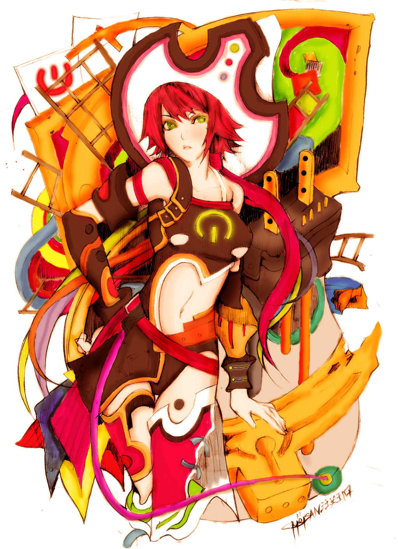 meisan, nicholas murga, colorized, highres, 1girl, abstract, female focus, green eyes, hat, ladder, long hair, midriff, navel, ponytail, red hair, signature, solo