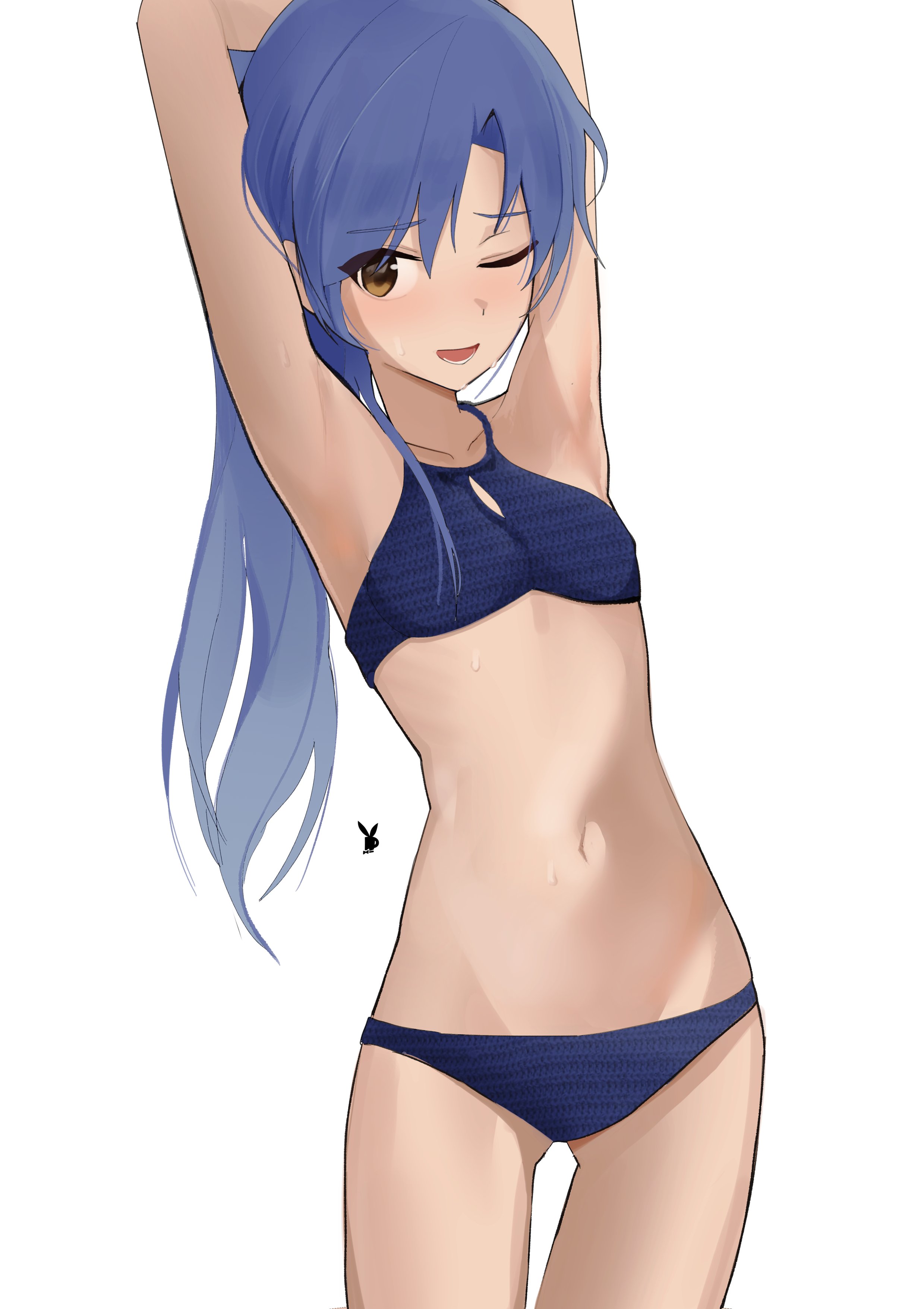 ch2haya p, kisaragi chihaya, idolmaster, idolmaster (classic), absurdres, commentary, highres, symbol-only commentary, 1girl, arms up, artist logo, bikini, blue bikini, blue hair, brown eyes, cowboy shot, flat chest, logo, long hair, navel, one eye closed, open mouth, ponytail, simple background, solo, standing, swimsuit, white background