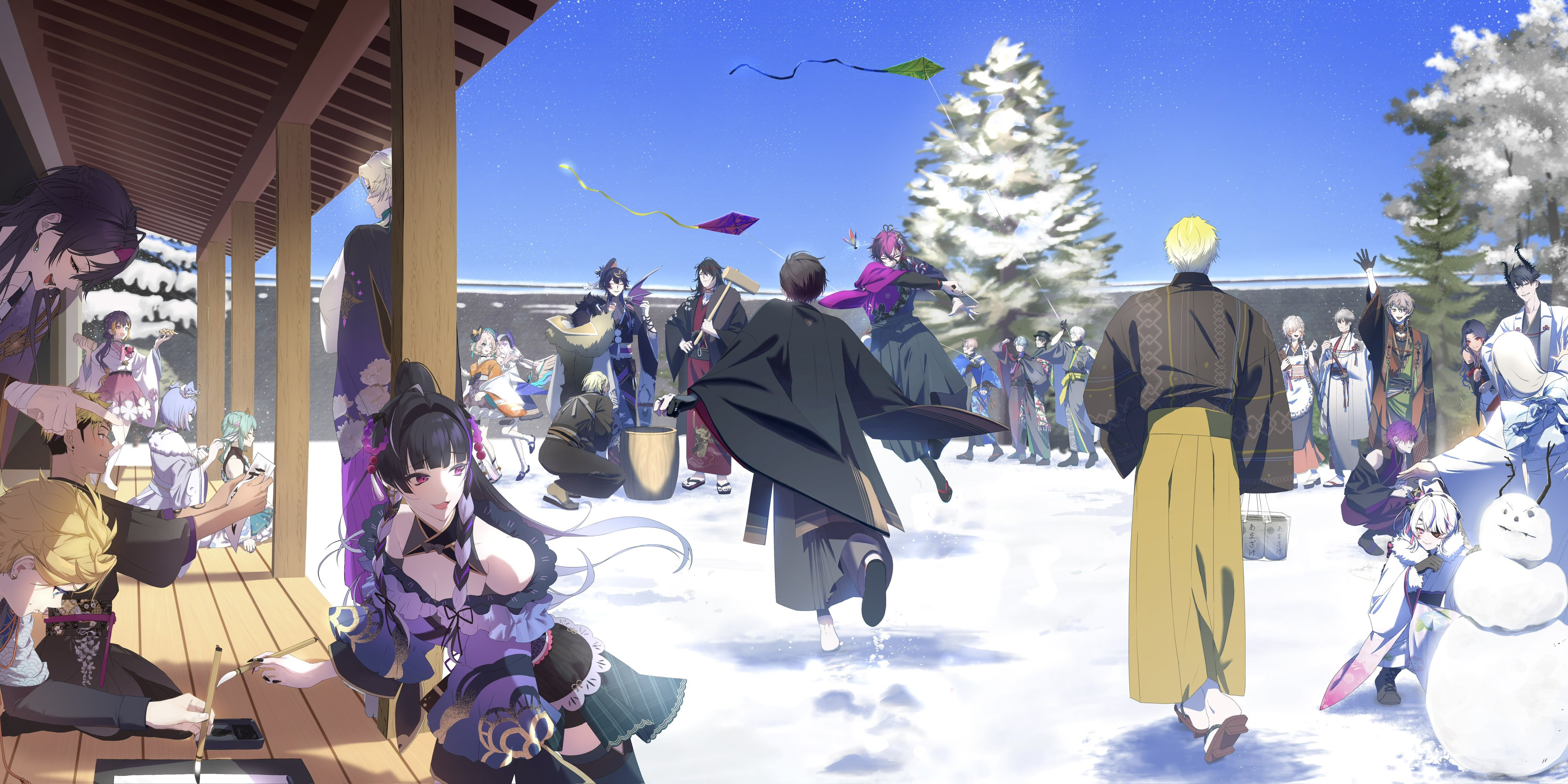 so un so, aia amare, alban knox, claude clawmark, doppio dropscythe, elira pendora, elira pendora (2nd costume), enna alouette, finana ryugu, finana ryugu (2nd costume), freodore (nijisanji), iluna (nijisanji), kaelix debonair, klara charmwood, luca kaneshiro, maria marionette, meloco kyoran, millie parfait, petra gurin, ren zotto, ryoma barrenwort, scarle yonaguni, seible (nijisanji), shu yamino, sonny brisko, uki violeta, vantacrow bringer, ver vermillion, vezalius bandage, vox akuma, yu q. wilson, zeal ginjoka, ethyria, krisis, lazulight, luxiem, nijisanji, nijisanji en, noctyx, xsoleil, character snowman, absurdres, commentary request, costume request, highres, 6+boys, 6+girls, alternate costume, architecture, blue sky, by the beat, calligraphy brush, clear sky, dango, day, denauth, east asian architecture, everyone, facepaint, food, footprints, geta, hagoita, hakama, hakama skirt, hane (hanetsuki), hanetsuki, haori, haori himo, happy new year, holding, holding calligraphy brush, holding paintbrush, ink, japanese clothes, kakizome, kimono, kine, kite, kite flying, long skirt, maid, mallet, mochi, mochitsuki, mortar (bowl), multiple boys, multiple girls, new year, obi, obidome, obijime, official alternate costume, okobo, outdoors, paddle, paintbrush, paper, pine tree, platform sandals, sandals, sash, skirt, sky, snow, snowman, tabi, tree, tsukimi dango, veranda, virtual youtuber, wa maid, wagashi, walking, waving, winter, writing, zouri