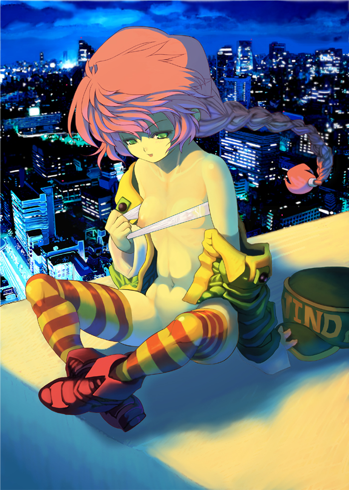 yy, wendy ryan, psychic force, taito, multicolored legwear, bad id, bad pixiv id, 1990s (style), 1girl, boots, bra, bra pull, braid, breasts, city, cityscape, clothes pull, female focus, green eyes, lingerie, long hair, medium breasts, navel, nipples, no panties, red hair, retro artstyle, rooftop, sitting, solo, striped clothes, striped thighhighs, thighhighs, underwear