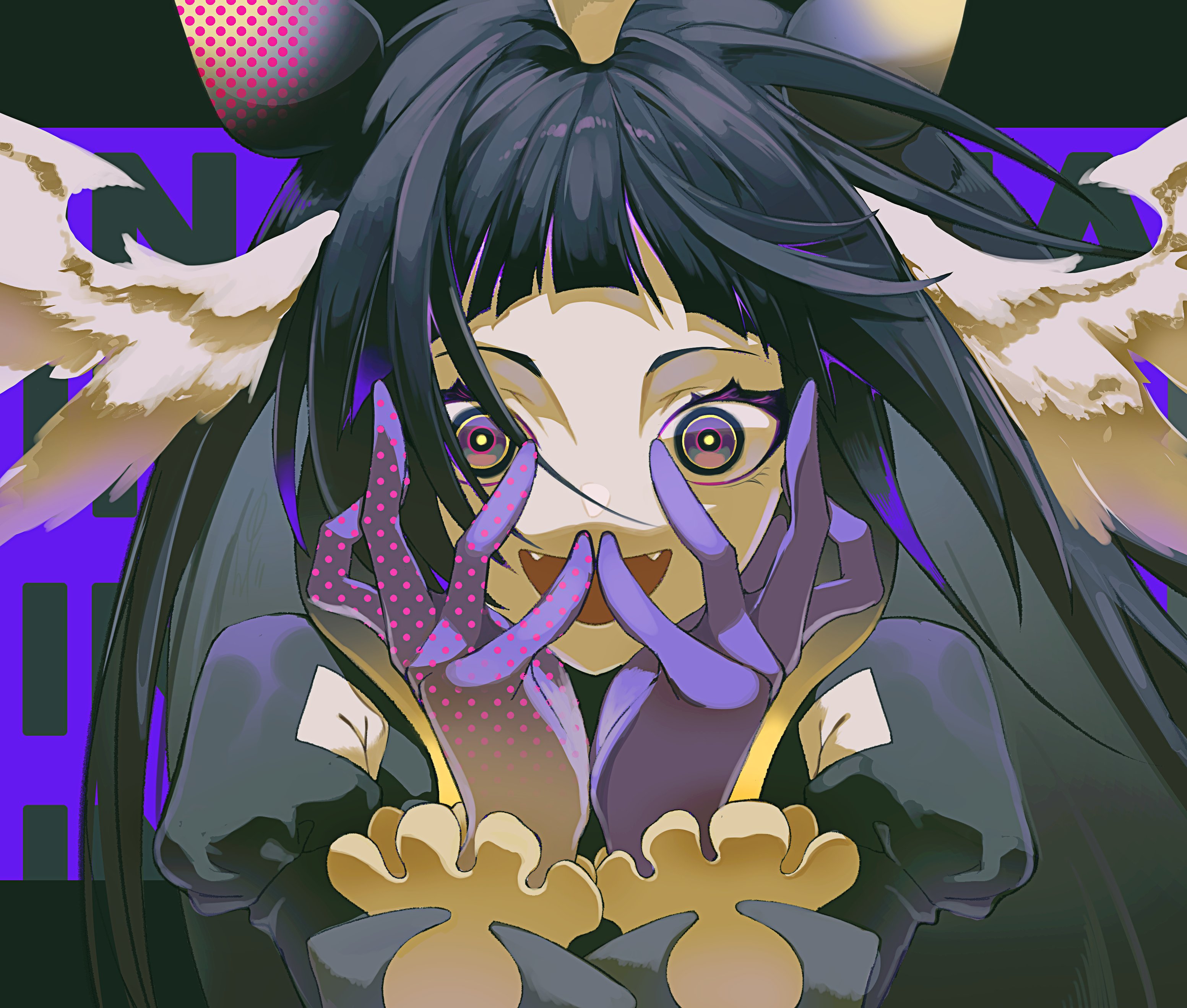 insfidelie, ninomae ina'nis, hololive, hololive english, absurdres, commentary, english commentary, highres, 1girl, asymmetrical gloves, black dress, black hair, blunt bangs, covering face, crazy eyes, crazy smile, dress, fangs, feathered wings, gloves, hair wings, hands on own face, hands up, head wings, juliet sleeves, long hair, long sleeves, looking at viewer, multicolored eyes, official alternate costume, open mouth, polka dot gloves, portrait, puffy sleeves, purple eyes, purple gloves, smile, solo, tako takover (ninomae ina'nis), wings
