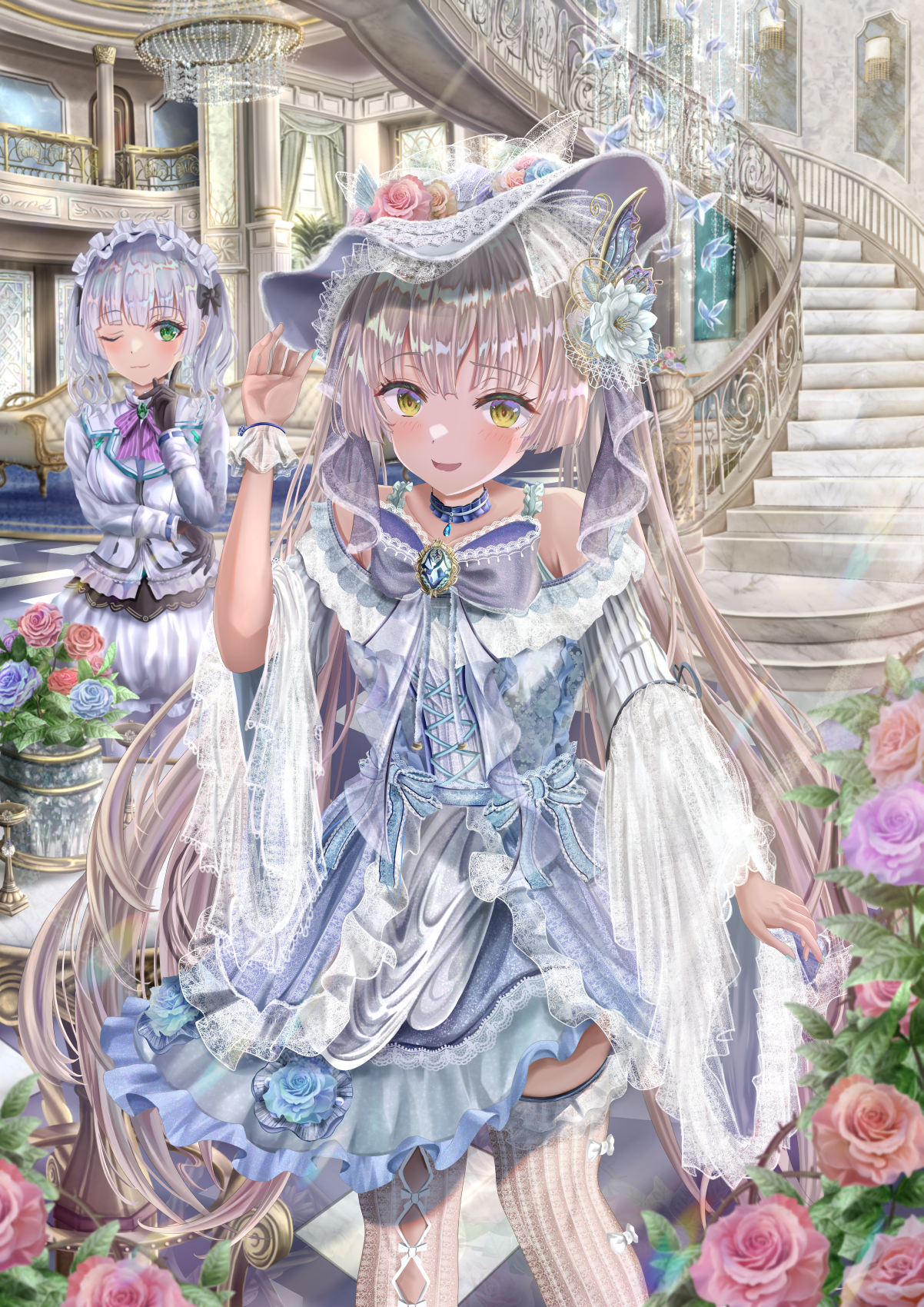 kuroe maruru, ogasawara hisame, heaven burns red, commentary request, highres, 2girls, :d, ;3, alternate costume, arm under breasts, bare shoulders, black gloves, blue dress, blue flower, blue nails, blue rose, blush, bow, bowtie, brown hair, choker, dress, dress flower, eyelashes, feet out of frame, flower, frilled choker, frilled dress, frilled sleeves, frilled thighhighs, frills, gloves, green eyes, grey bow, grey bowtie, hair flower, hair ornament, hand up, happy, hat, hat flower, index finger raised, indoors, lolita fashion, long hair, long sleeves, looking at another, looking at viewer, medium hair, multiple girls, nail polish, off-shoulder dress, off shoulder, one eye closed, open mouth, pink flower, pink rose, purple flower, purple rose, red pupils, rose, shy, smile, solo focus, spiked hair, standing, starish, sugawara chie, sun hat, thighhighs, twintails, two-tone dress, very long hair, white dress, white flower, white hair, white hat, white thighhighs, white wrist cuffs, wide sleeves, wrist cuffs, yellow eyes