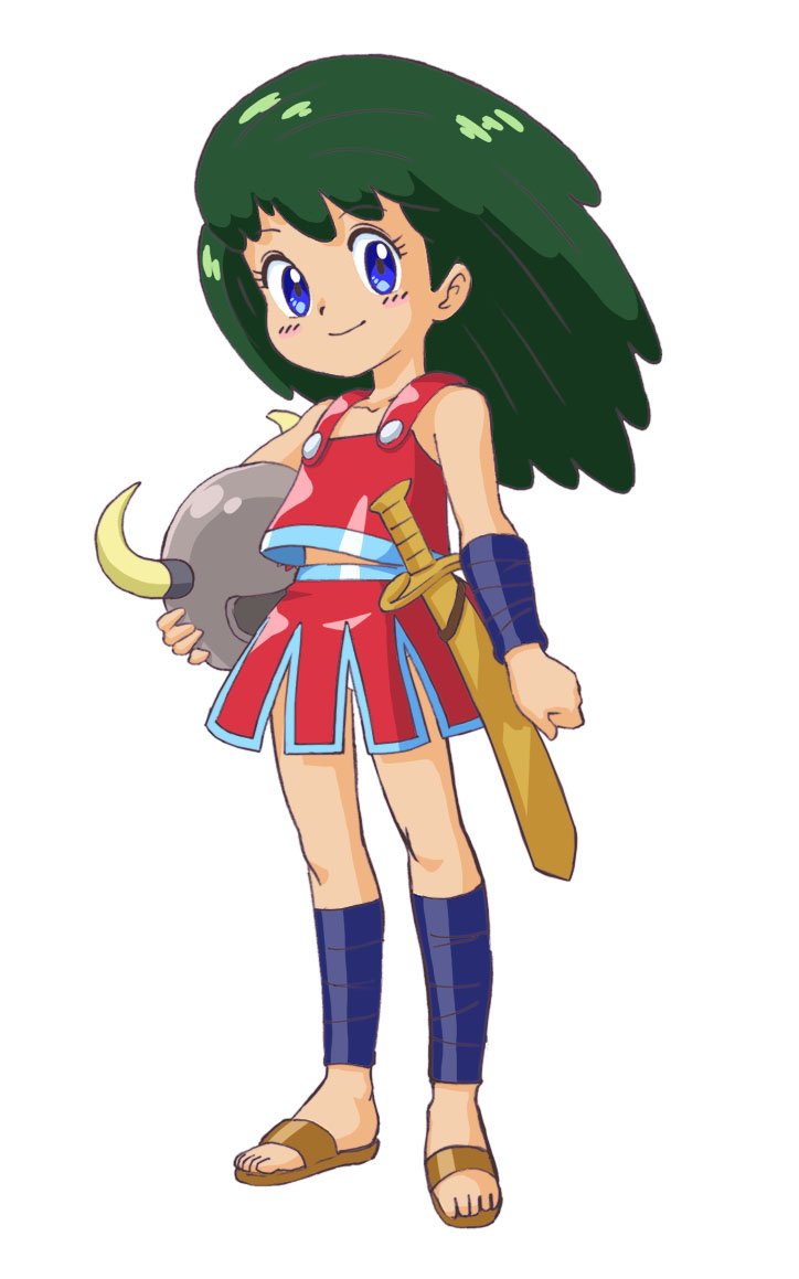 mizutani kenta, mahou no princess minky momo, commentary request, 1girl, arm warmers, blue arm warmers, blue eyes, blue leg warmers, closed mouth, fake horns, full body, green hair, helmet, holding, holding unworn helmet, horned helmet, horns, leg warmers, long hair, miniskirt, panties, princess rei (minky momo), red skirt, red tank top, sandals, simple background, skirt, smile, solo, standing, sword, tank top, underwear, unworn headwear, unworn helmet, weapon, white background, white panties, wooden sword