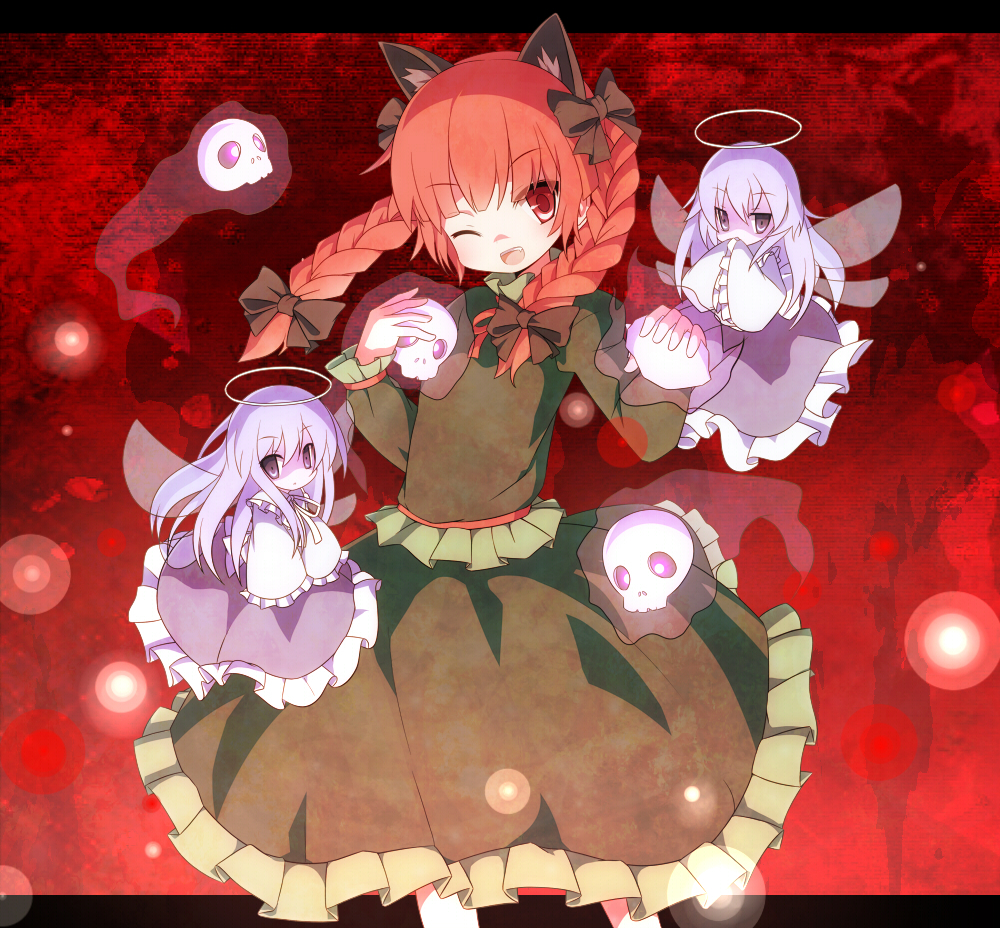 kikugetsu, miko machi, kaenbyou rin, zombie fairy (touhou), touhou, colorized, 3girls, animal ears, bow, braid, cat ears, cat girl, cat tail, covering own mouth, dress, fang, female focus, hair bow, halo, hand over mouth, hand over own mouth, long hair, multiple girls, multiple hair bows, multiple tails, one eye closed, open mouth, purple eyes, purple hair, red eyes, red hair, skull, tail, twin braids, twintails, wings, wink