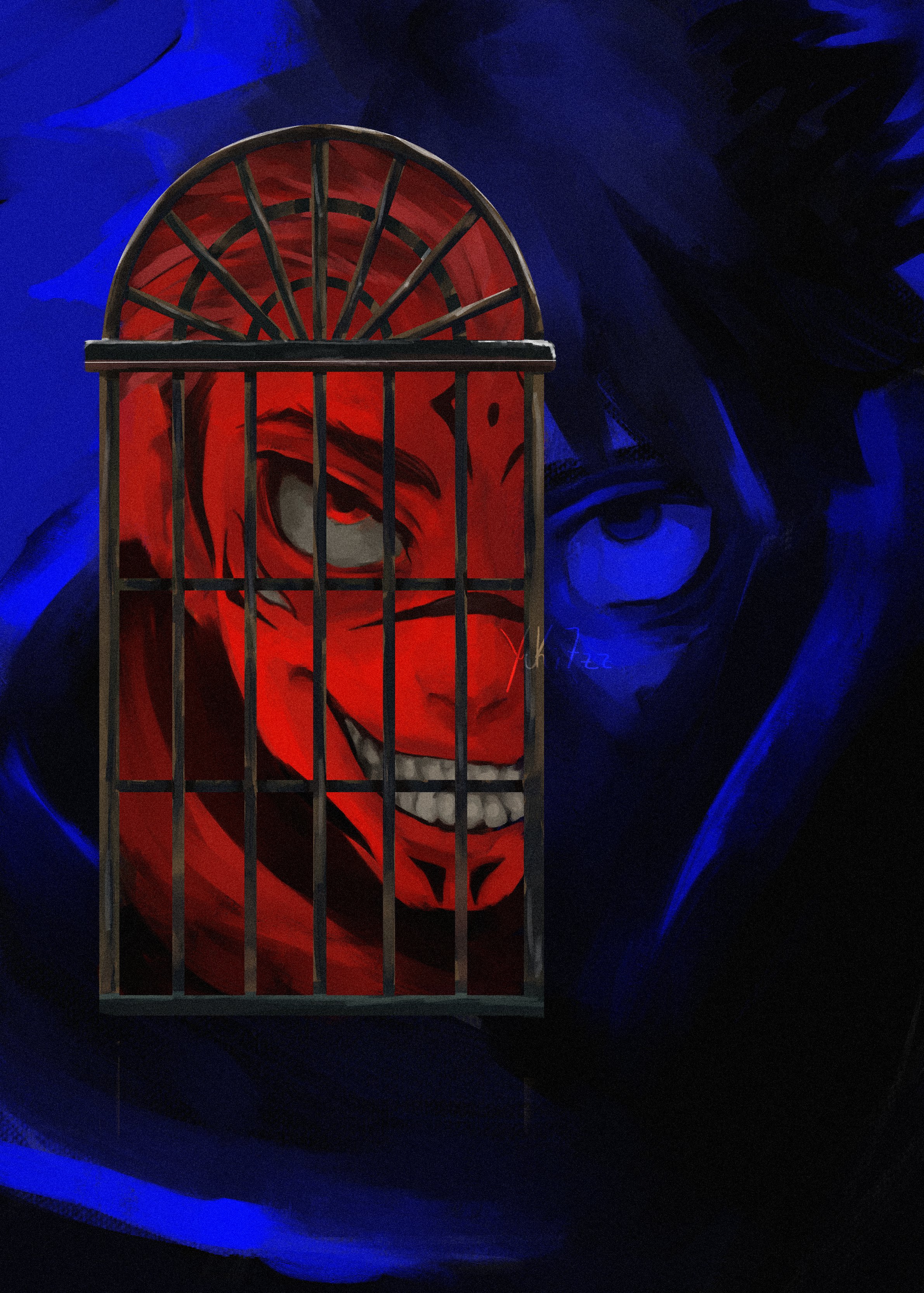 itadori yuuji, ryoumen sukuna (jujutsu kaisen), jujutsu kaisen, absurdres, hashtag-only commentary, highres, 2boys, blue background, blue eyes, multicolored hair, multiple boys, red background, red eyes, red hair, short hair, simple background, two-tone hair, yuki7zz