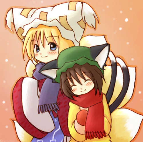 eijima moko, chen, yakumo ran, touhou, bad id, bad pixiv id, lowres, 2girls, animal ears, blue eyes, blush, cat ears, cat girl, cat tail, closed eyes, coat, female focus, fox ears, fox tail, happy, hat, mittens, multiple girls, multiple tails, scarf, smile, tail, winter clothes