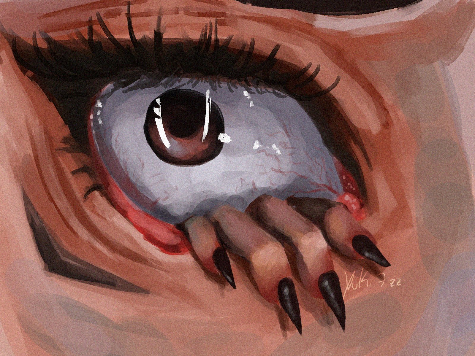 itadori yuuji, ryoumen sukuna (jujutsu kaisen), jujutsu kaisen, hashtag-only commentary, highres, 2boys, body horror, brown eyes, close-up, eye focus, hand up, multiple boys, red eyes, red hair, simple background, yuki7zz