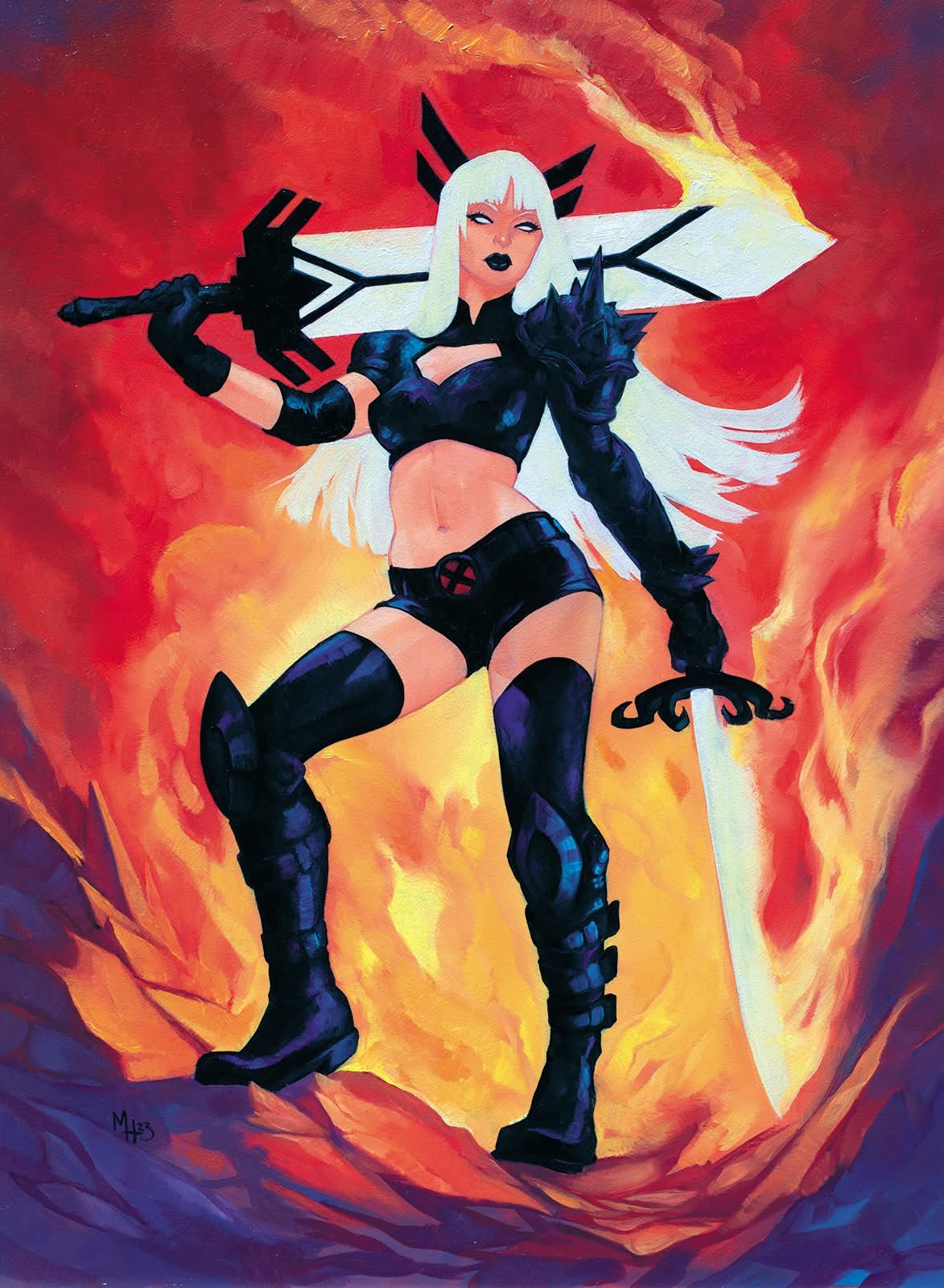 meghan hetrick, magik (x-men), marvel, new mutants, x-men, commentary, english commentary, highres, oil painting (medium), painting (medium), traditional media, 1girl, armor, asymmetrical dual wielding, black boots, black gloves, black lips, black shirt, black shorts, black thighhighs, blunt bangs, blunt ends, boots, breasts, cleavage cutout, clothing cutout, cropped shirt, dual wielding, elbow pads, full body, gloves, holding, holding sword, holding weapon, huge weapon, knee pads, long hair, looking at viewer, medium breasts, midriff, navel, no pupils, parted lips, pauldrons, red background, shirt, shorts, shoulder armor, single pauldron, solo, spiked pauldrons, spikes, sword, thighhighs, weapon, western comics (style), white hair, yellow background
