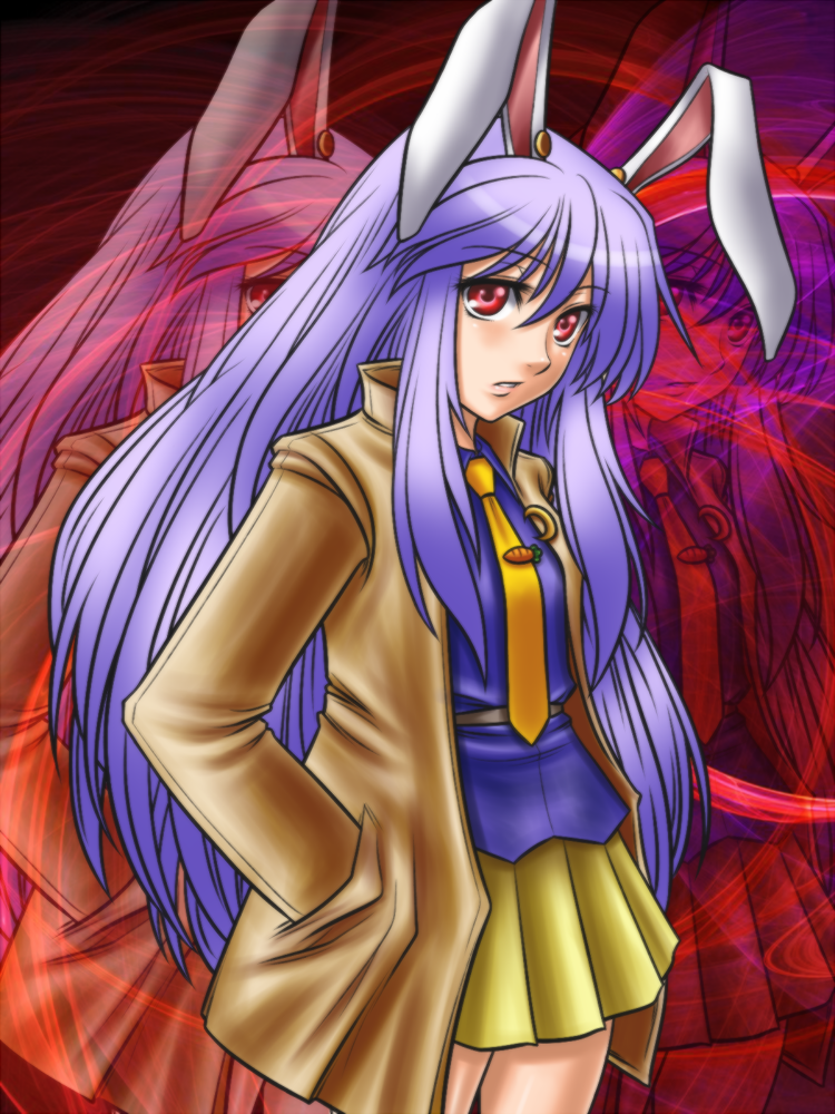 five-seven (0verlimits), reisen udongein inaba, touhou, 1girl, alternate costume, animal ears, coat, contemporary, female focus, hands in pockets, long hair, necktie, purple hair, rabbit ears, red eyes, skirt, solo, very long hair, yellow necktie, zoom layer