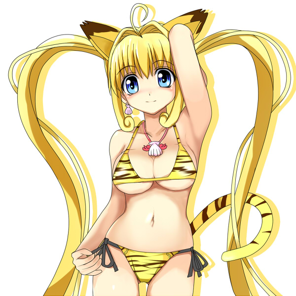 miru, nanami lucia, mermaid melody pichi pichi pitch, 00s, 1girl, animal ears, animal print, armpits, bikini, blonde hair, blue eyes, earrings, female focus, jewelry, long hair, necklace, side-tie bikini bottom, solo, swimsuit, tail, tiger ears, tiger print, tiger tail, twintails, yellow bikini