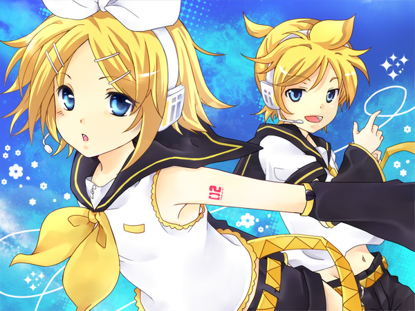 ragu, kagamine len, kagamine rin, vocaloid, bad id, bad pixiv id, 1boy, 1girl, aqua eyes, blonde hair, brother and sister, hair ornament, hair ribbon, hairclip, ribbon, short hair, siblings, smile, twins