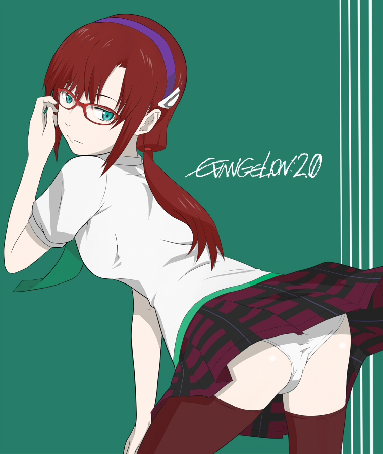 luv, makinami mari illustrious, neon genesis evangelion, rebuild of evangelion, bad id, bad pixiv id, 00s, 1girl, aqua eyes, brown hair, female focus, glasses, hair held back, hairband, long hair, looking back, panties, plaid clothes, plaid skirt, skirt, solo, thighhighs, underwear, upskirt