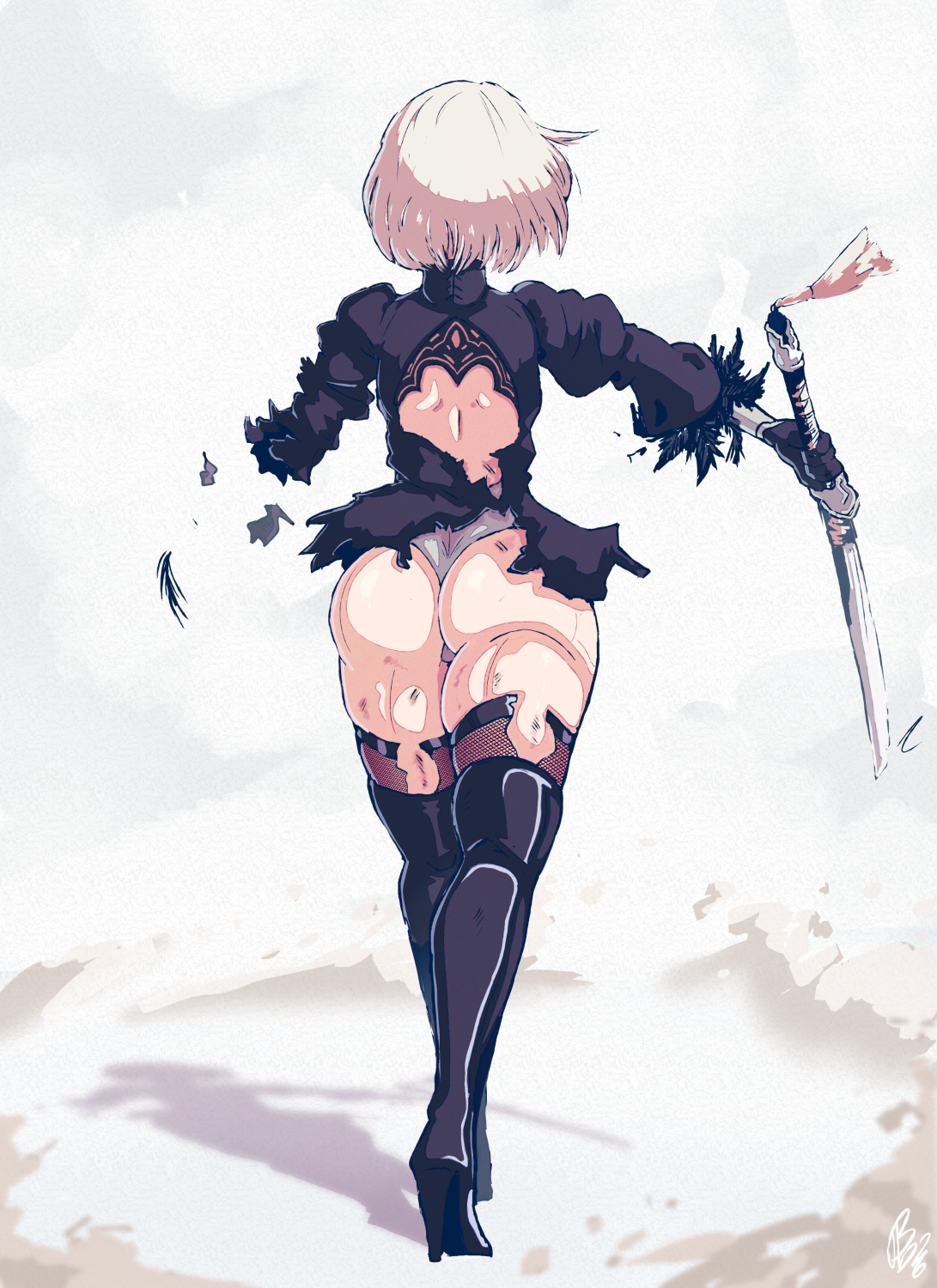 artbenbeau, 2b (nier:automata), nier:automata, nier (series), commentary, english commentary, highres, 1girl, ass, battle damage, bruise, bruise on ass, bruise on leg, dust cloud, from behind, holding, holding sword, holding weapon, injury, short hair, signature, skindentation, solo, sword, thighs, torn clothes, virtuous contract, walking, weapon, white hair