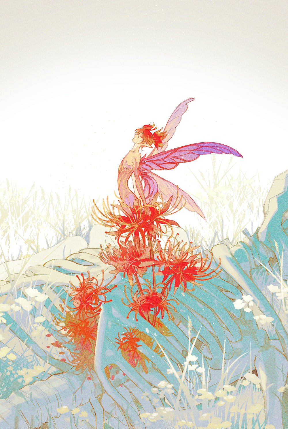 shrimp sandwich, feo ul, final fantasy, final fantasy xiv, commentary request, highres, korean commentary, 1other, closed eyes, fairy, fairy wings, flower, from side, grass, long pointy ears, pixie (ff14), pointy ears, red flower, red hair, short hair, short twintails, skeleton, solo, spider lily, twintails, wings